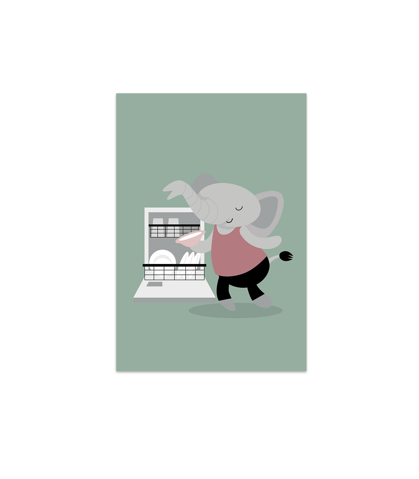 elefant-diskmaskin-grön Elefanten Svante plockar in i diskmaskinen